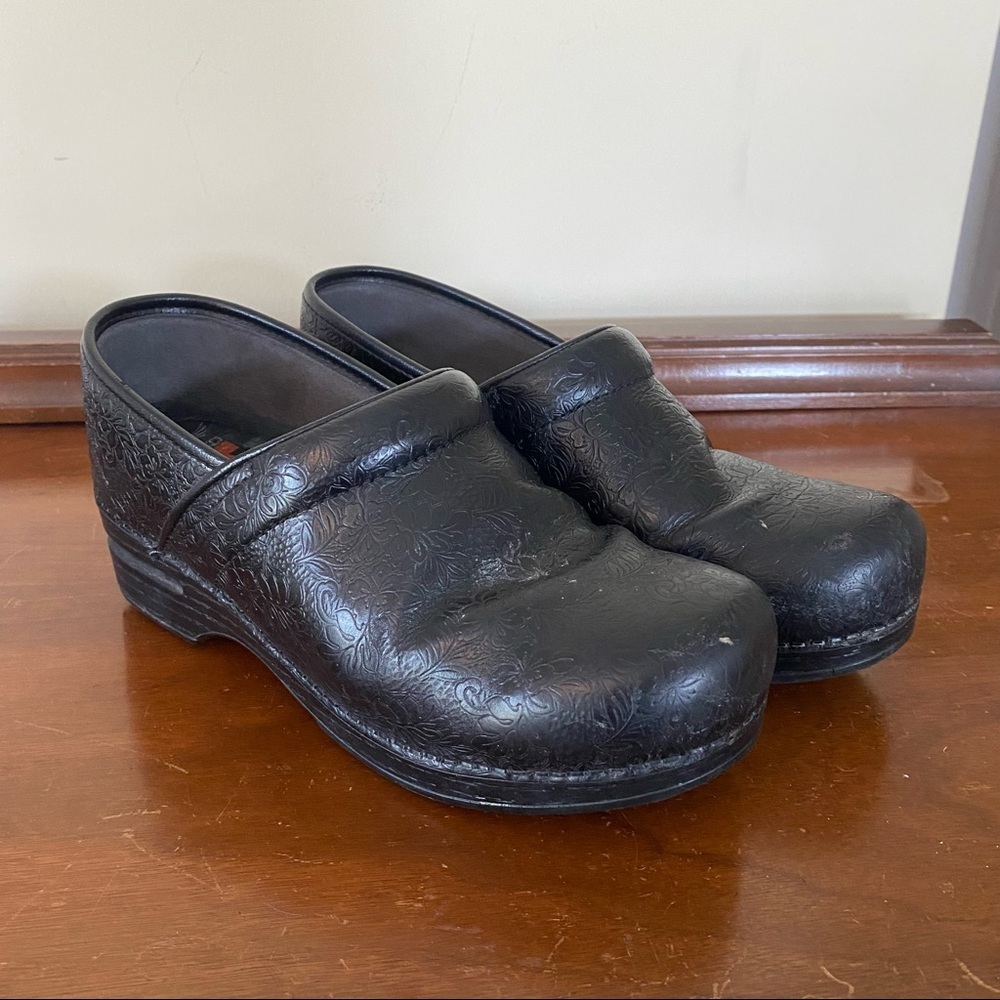 Dansko XP Black Leather Embossed Clogs